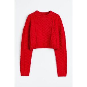 H&M Red Acrylic Wool Blend Cable Knit Crew Neck Cropped Sweater, Size S